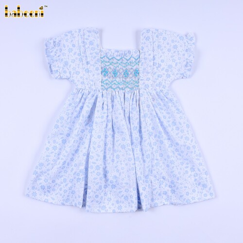 Geometric Smocked Dress Blue Flower On White For Girl - BB3286